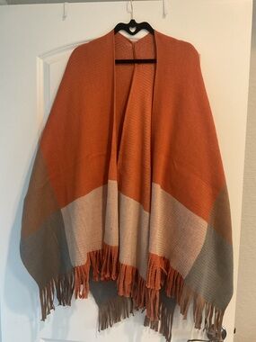 Chico's Orange Taupe & Cream Colorblock Fringe Wrap
